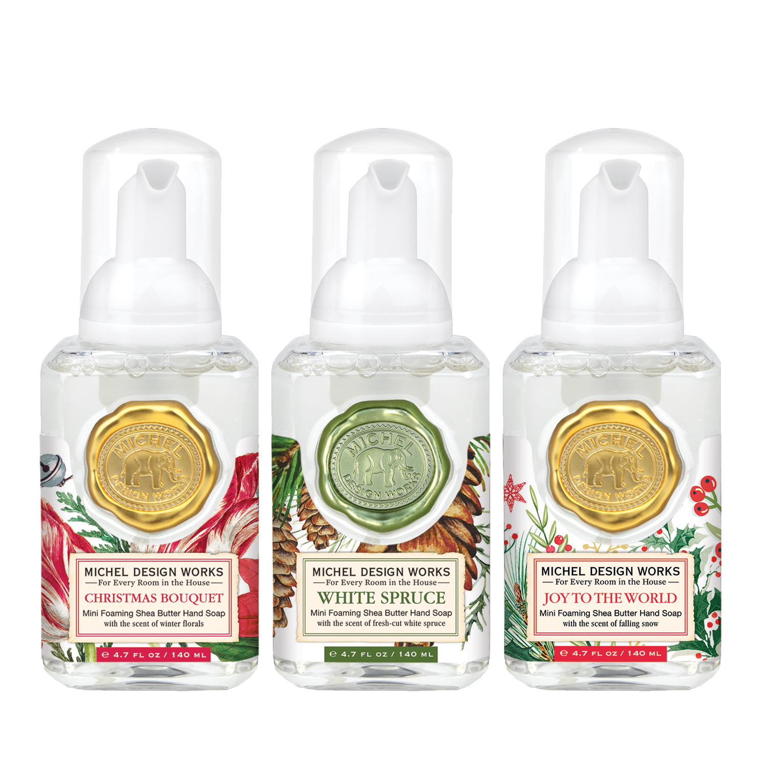 FOAMING HAND SOAP SET MINI -WHITE SPRUCE, CHRISTMAS BOUQUET, JOY TO THE WORLD MICHEL DESIGN WORKS