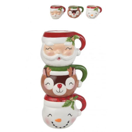 STACKING SNOW DEER SANTA MUGS