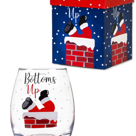Xmas Stemless Wine Glass Santas Bottoms Up Gift Boxed